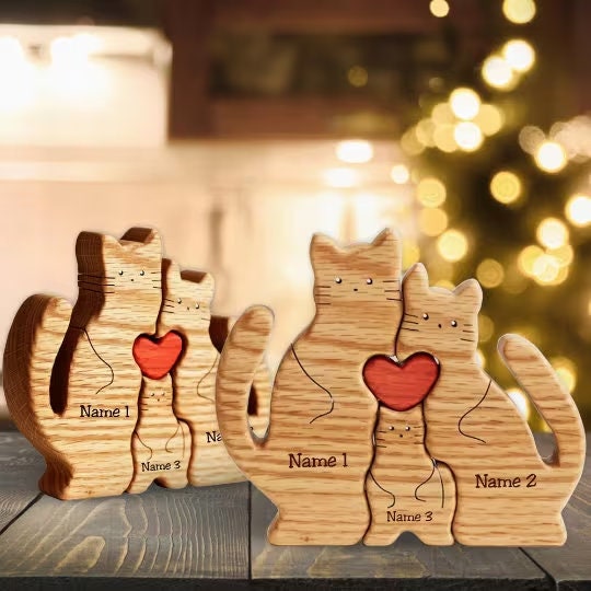 Personalized Cat Family Puzzle, Animal Jigsaw Puzzle, Wooden Cat Family Puzzle, Cat Name Puzzle, Wedding Anniversary, Wooden Decor