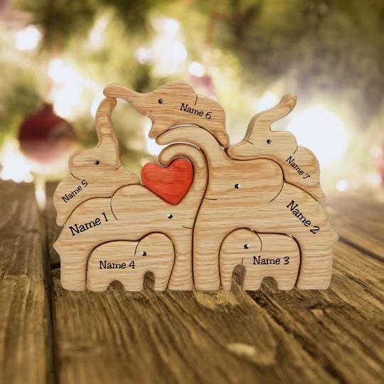 Custom Wooden Elephant Puzzle, Elephant Family Puzzle, Family Keepsake Gifts, Personalized Family Name Toy, Wooden Handmade Puzzle
