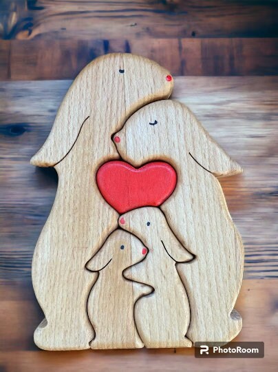Wooden Bunny Family Puzzle, Engraved Family Name Puzzle, Nursery Decor, Rabbit Toys, Mother's Day Gift, Wooden Toys, Animals Figurines