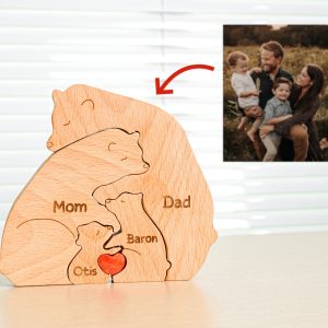 Personalized Wooden Bear Puzzle, Custom Bear Figurines, Engraved Family Name Puzzle, Animal Wooden Bears Family Puzzle, DIY Art Puzzle