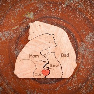 Personalized Wooden Bear Puzzle, Custom Bear Figurines, Engraved Family Name Puzzle, Animal Wooden Bears Family Puzzle, DIY Art Puzzle