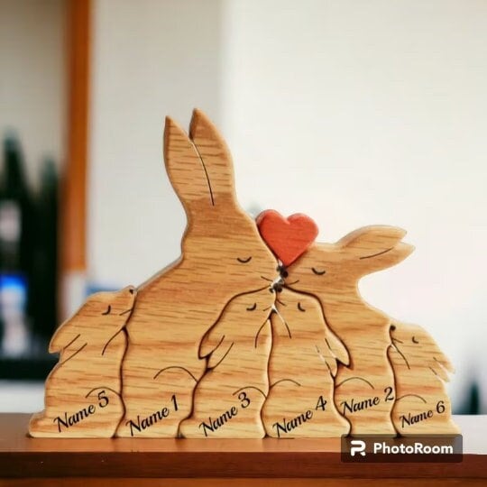 Wooden Bunny Family Puzzle, Engraved Family Name Puzzle, Rabbit Family Keepsake Gift, Mother's Day Gift, Wooden Toys, Animals Figurines