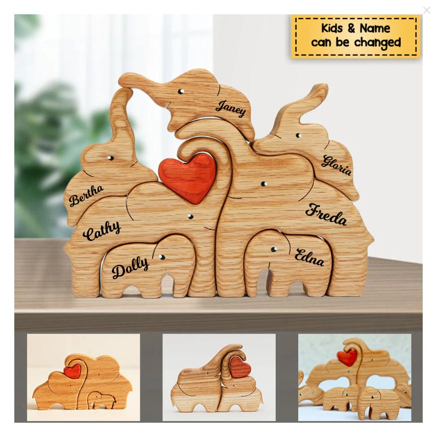 Custom Wooden Elephant Puzzle, Elephant Family Puzzle, Family Keepsake Gifts, Personalized Family Name Toy, Wooden Handmade Puzzle