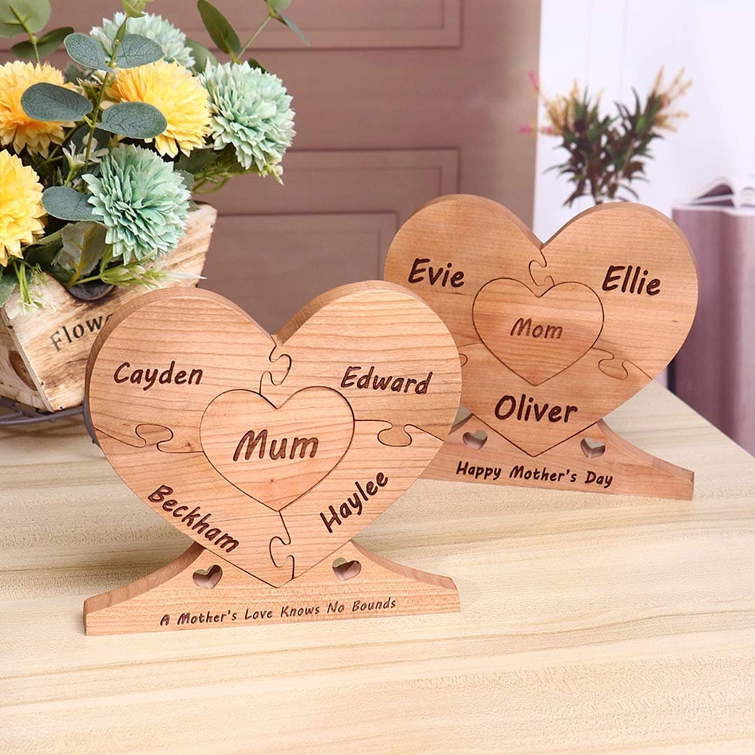 Custom Wooden Name Heart Puzzle, Heart Family Puzzle, Mothers Day Gift, Personalized Family Name Toy, Wooden Handmade Puzzle, Gift for Mom