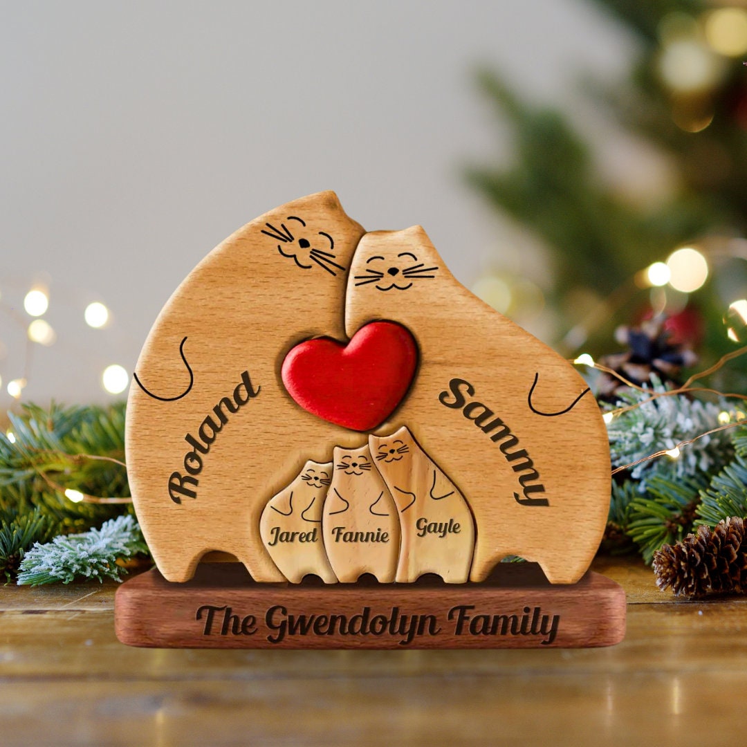 Personalized Wooden Cat Family, Name Puzzle Custom, Animal Puzzle, Cat Ornaments, Wooden Cat Puzzle with Family Names, Mother's Day Gift