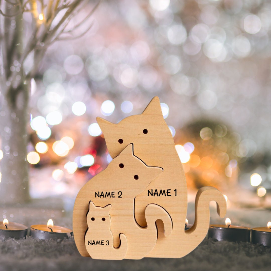 Personalized Wooden Cat Family Puzzle, Engraved Family Name Puzzle, Family Keepsake Gifts, Animal Figurines, Mother's Day Gift,Animal Puzzle