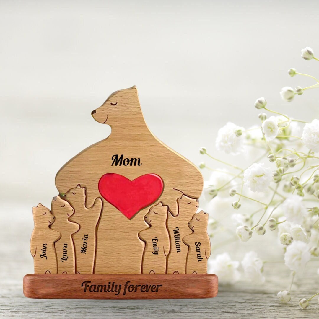 Personalized Wooden Bear Family Puzzle, Animal Family Puzzle, Animal Figurines, Bear Name Puzzle, Wooden Handmade Toy, Anniversary Gift