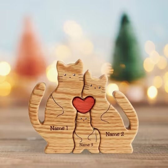 Personalized Cat Family Puzzle, Animal Jigsaw Puzzle, Wooden Cat Family Puzzle, Cat Name Puzzle, Wedding Anniversary, Wooden Decor