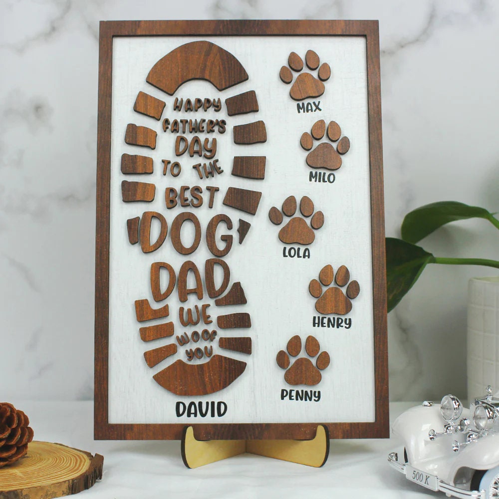 Personalized Dog Dad Wood Sign, Layered Wood Sign Stand, Wooden Dog Dad Family, Funny Gift For Dad, Father's Day Gift, Engraved Wooden Sign