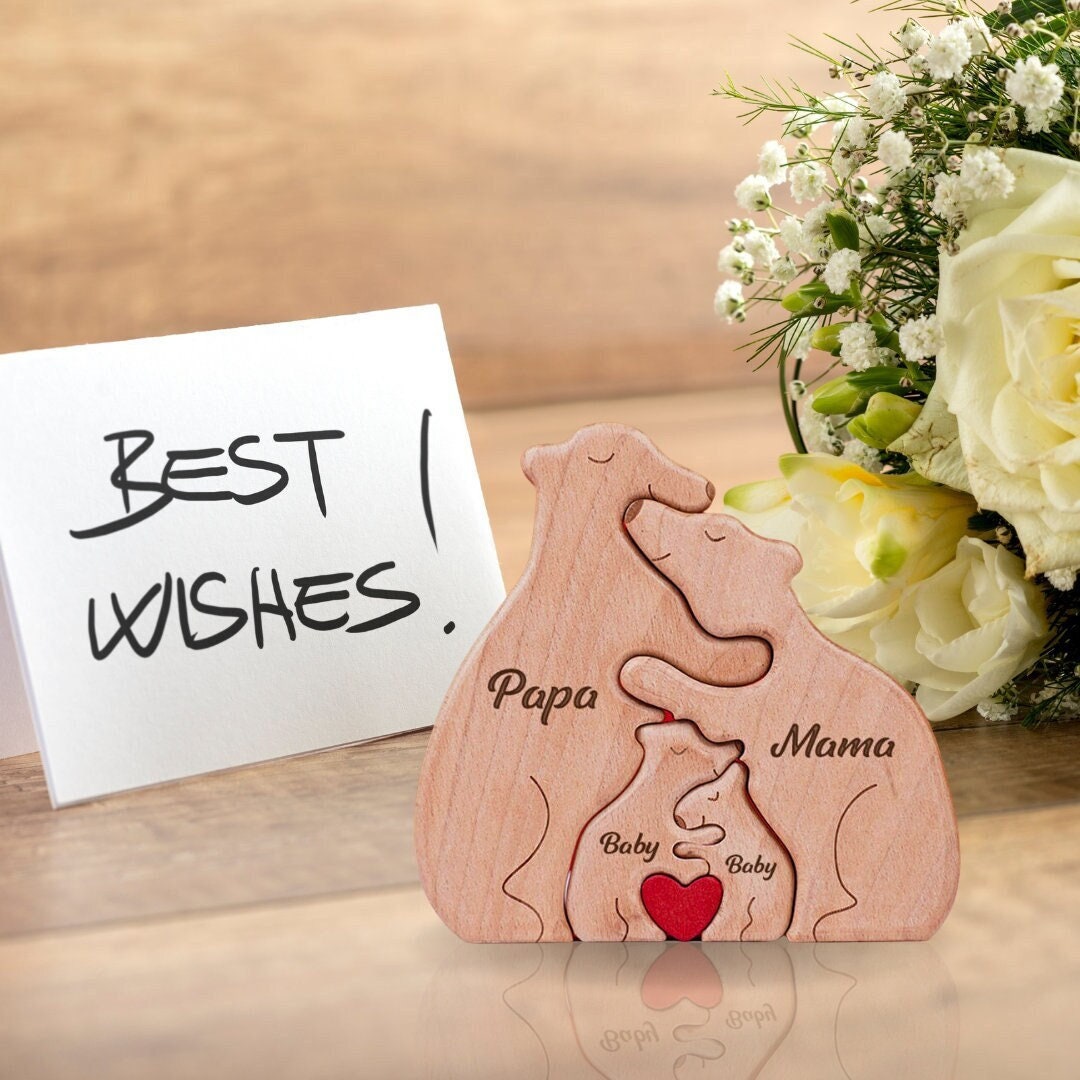 Wooden Bear Family Puzzle, Engraved Family Name Puzzle, Wooden Bear Family, Animal Jigsaw Puzzle, Animal Carvings, Father's Day Gift